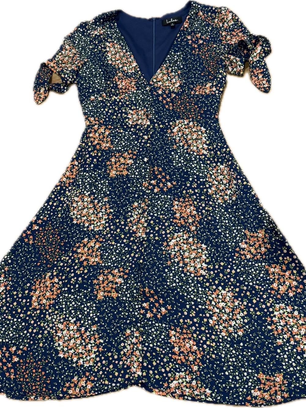 Lulu's Navy Floral Tie-Sleeve Midi Dress